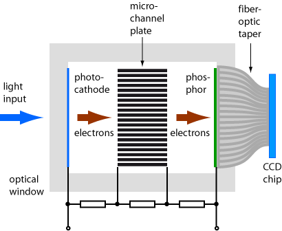 MCP image intensifier with output via fiber-optic taper