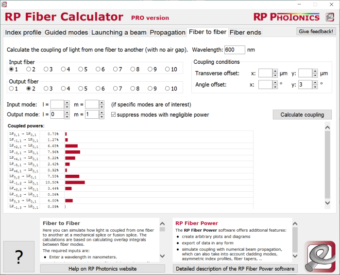 RP Fiber Calculator, coupling between fibers