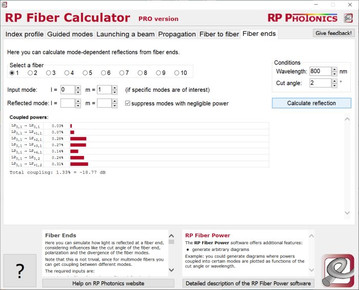 RP Fiber Calculator, reflections at fiber ends