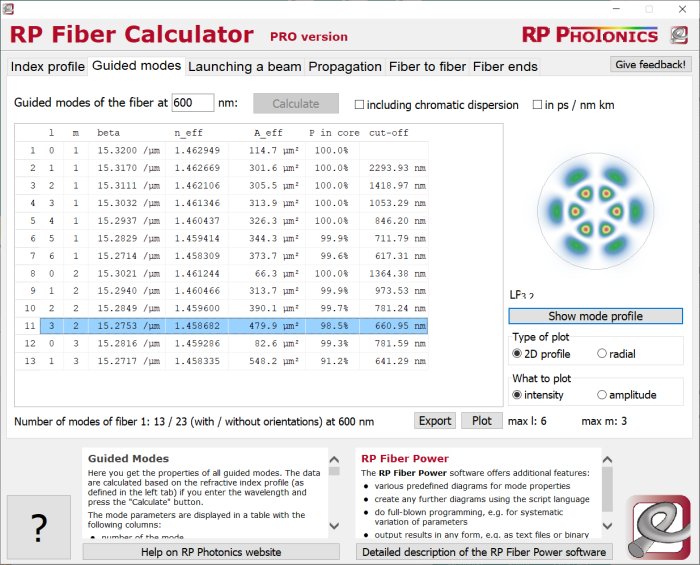 RP Fiber Calculator, mode properties