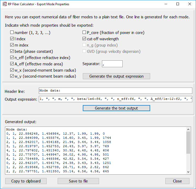 RP Fiber Calculator, export of mode properties