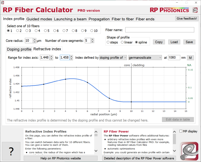 RP Fiber Calculator, entering refractive index profiles