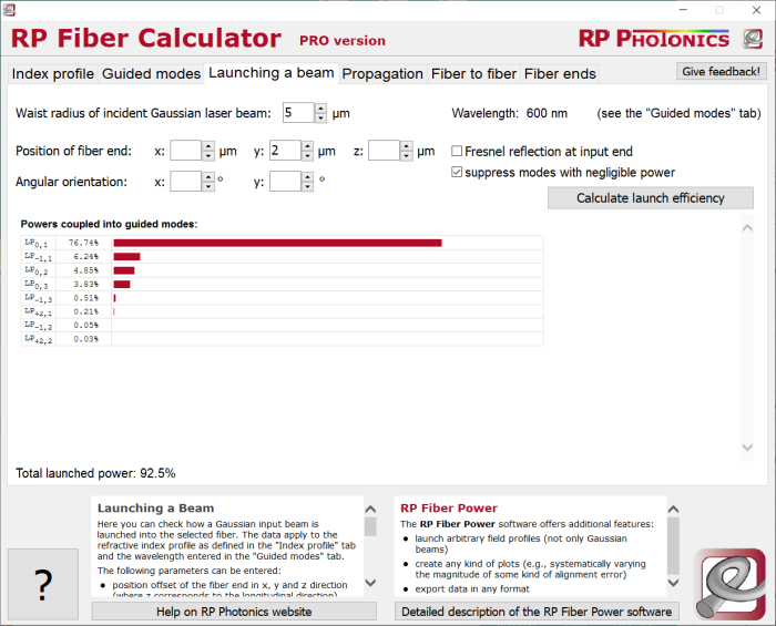 RP Fiber Calculator, launching a beam